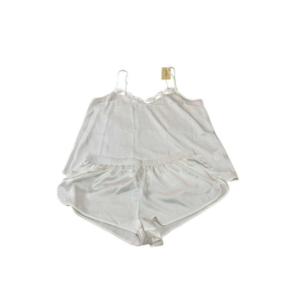 Ekouaer White Satin Lace Trim Cami Shorts Pajama Set M Bridal Sleepwear New